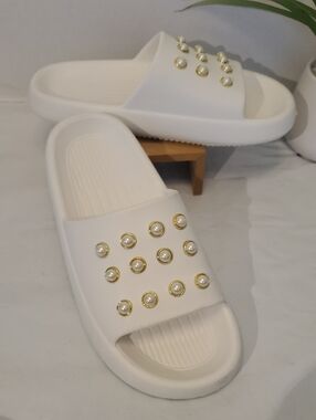 White Pearl-Embellished Slide Sandals